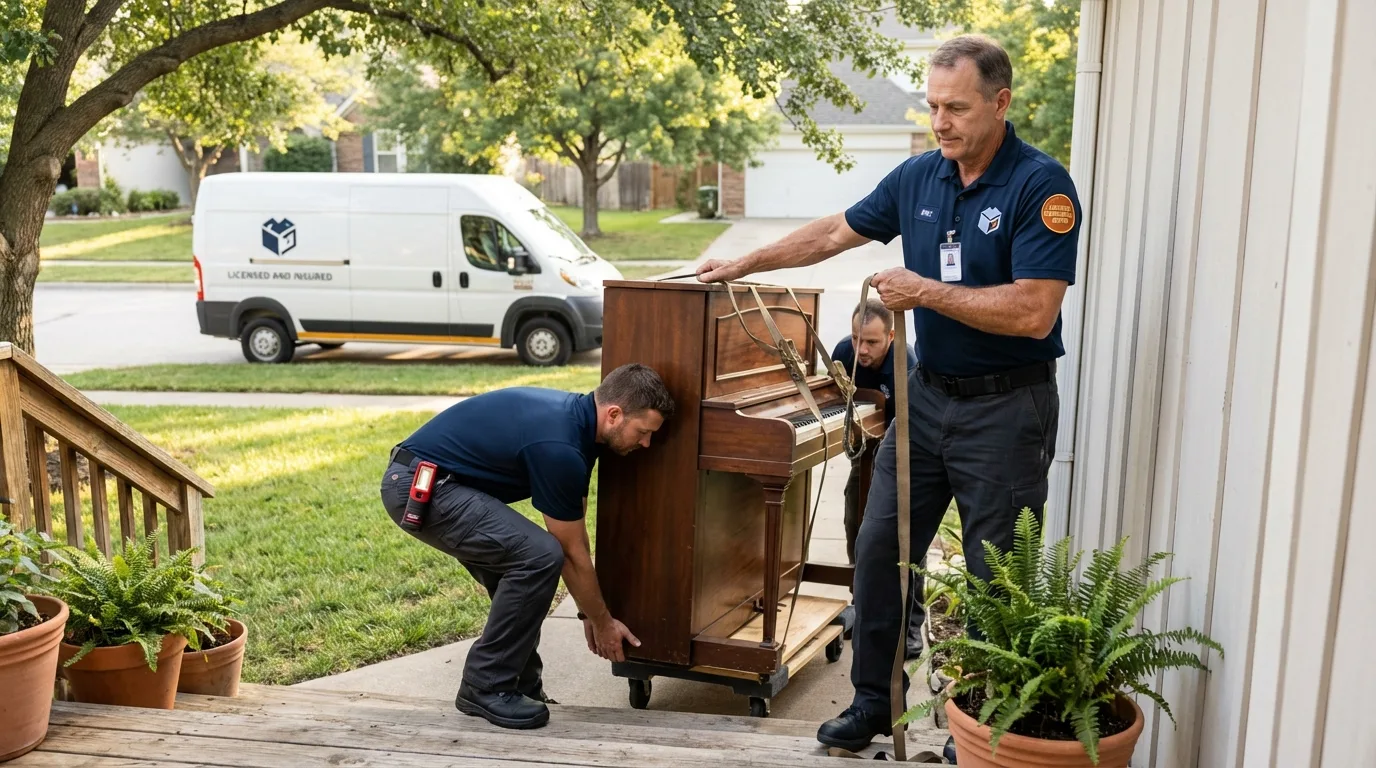 Licensed piano movers securing grand piano in Uniontown, AL