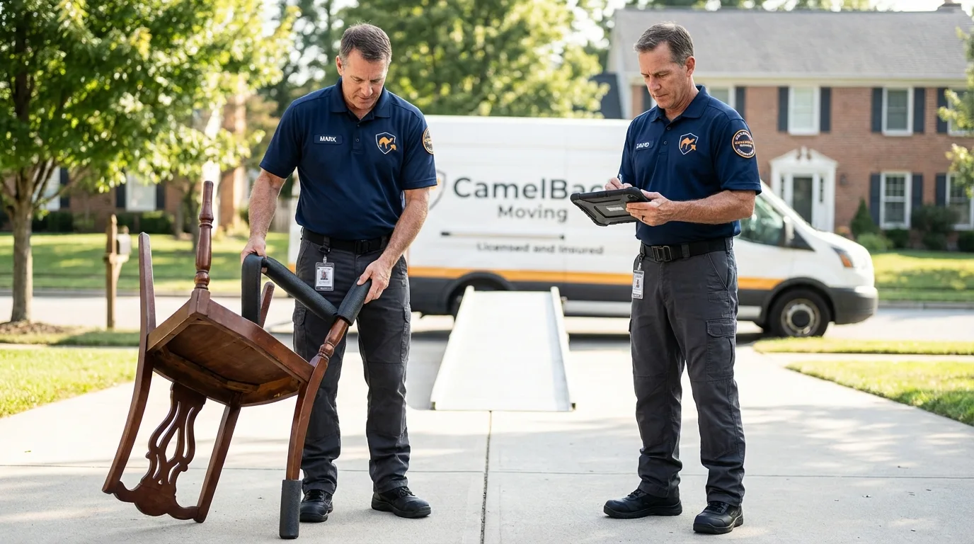 Movers inspecting furniture for damage prevention before loading in Uniontown, AL
