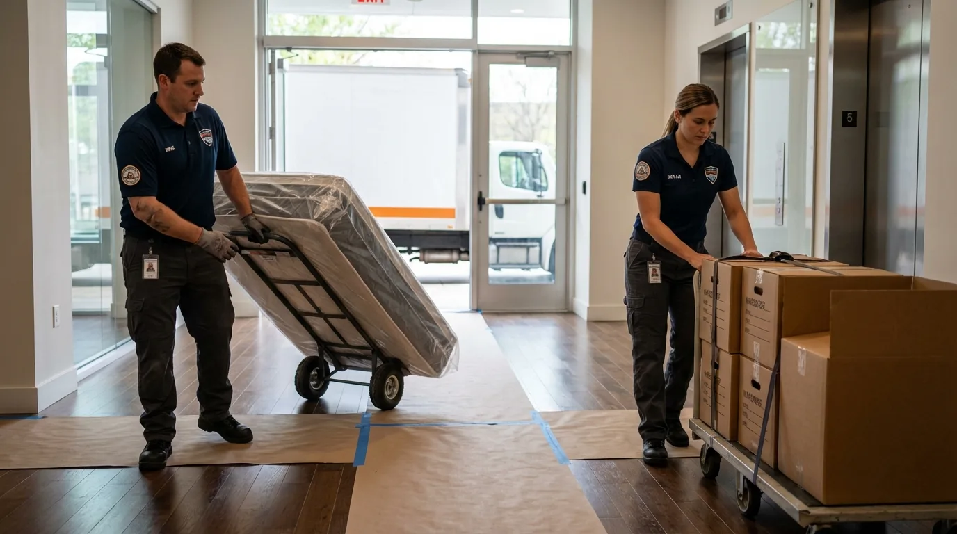 Professional apartment movers loading elevator in Uniontown, AL
