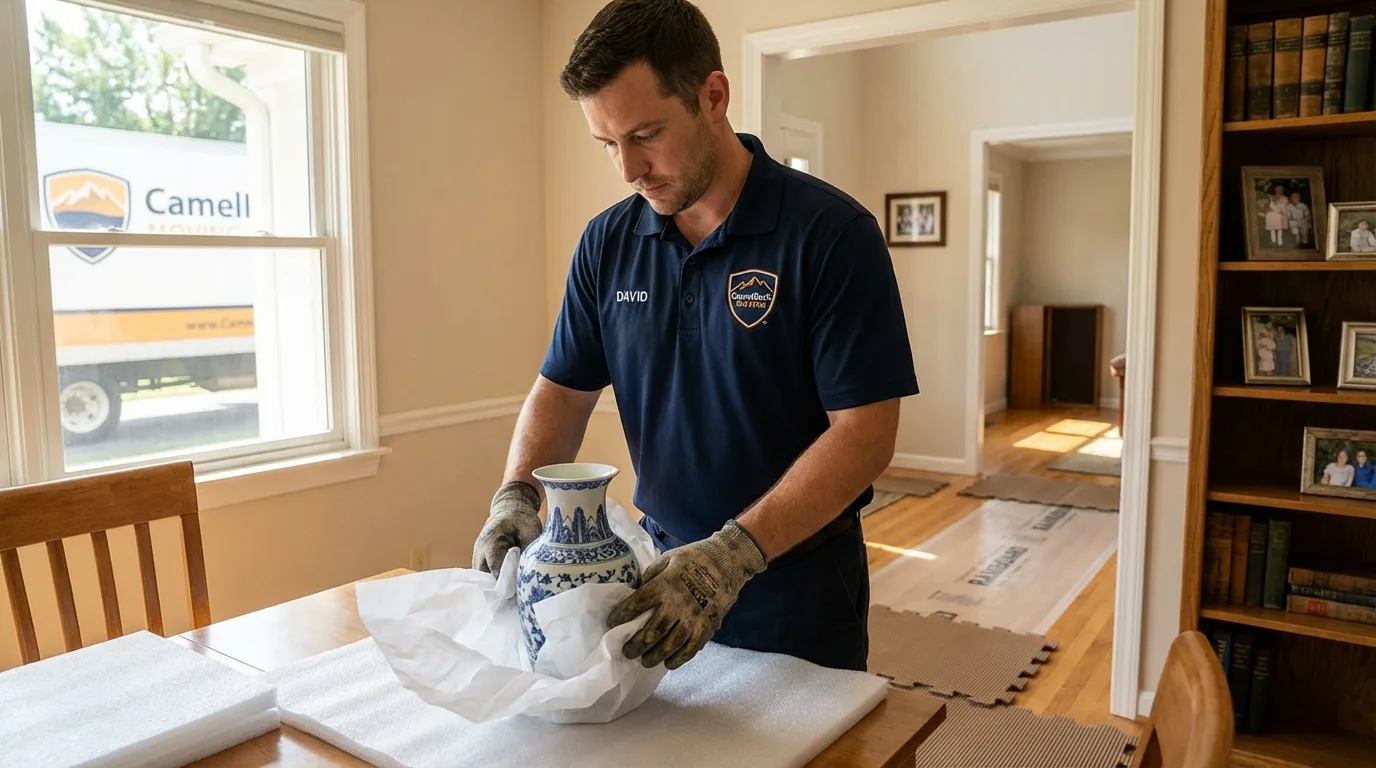 Professional crew carefully wrapping antique vase for senior downsizing move in Uniontown, AL